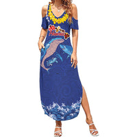 Hawaiian Sea Animals Family Matching Summer Maxi Dress and Hawaiian Shirt Whales Shark and Turtle Guardians with Tribal Pattern LT03 Mom's Dress Blue - Polynesian Pride