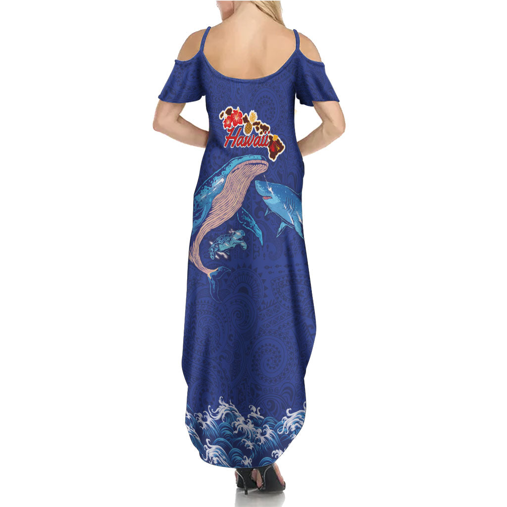 Hawaiian Sea Animals Family Matching Summer Maxi Dress and Hawaiian Shirt Whales Shark and Turtle Guardians with Tribal Pattern LT03 - Polynesian Pride