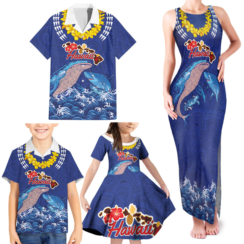 Hawaiian Sea Animals Family Matching Tank Maxi Dress and Hawaiian Shirt Whales Shark and Turtle Guardians with Tribal Pattern LT03 - Polynesian Pride