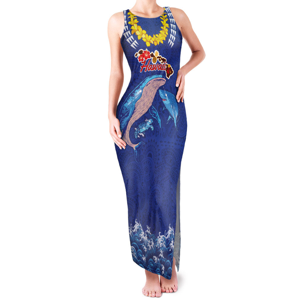 Hawaiian Sea Animals Family Matching Tank Maxi Dress and Hawaiian Shirt Whales Shark and Turtle Guardians with Tribal Pattern LT03 Mom's Dress Blue - Polynesian Pride