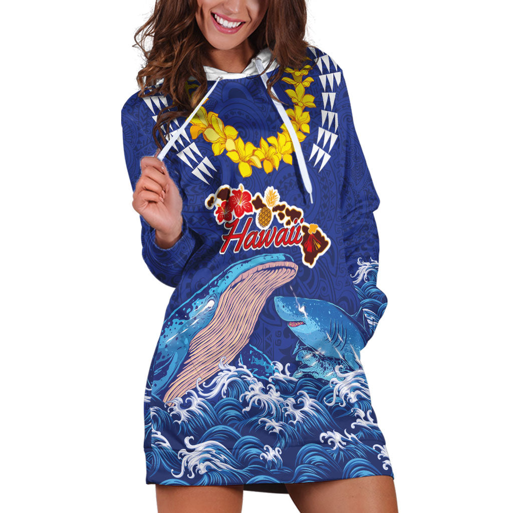 Hawaiian Sea Animals Hoodie Dress Whales Shark and Turtle Guardians with Tribal Pattern LT03 Blue - Polynesian Pride