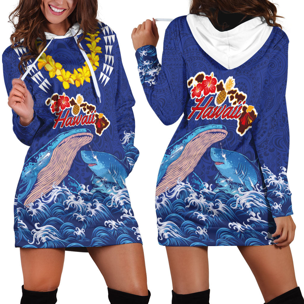 Hawaiian Sea Animals Hoodie Dress Whales Shark and Turtle Guardians with Tribal Pattern LT03 - Polynesian Pride