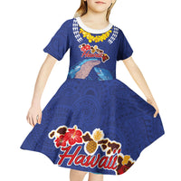 Hawaiian Sea Animals Kid Short Sleeve Dress Whales Shark and Turtle Guardians with Tribal Pattern