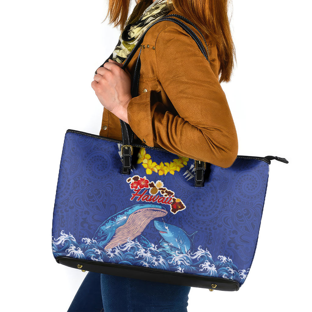 Hawaiian Sea Animals Leather Tote Bag Whales Shark and Turtle Guardians with Tribal Pattern