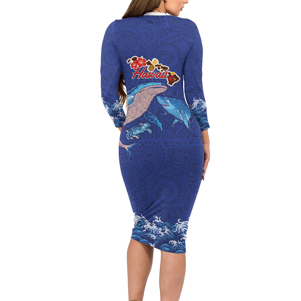 Hawaiian Sea Animals Long Sleeve Bodycon Dress Whales Shark and Turtle Guardians with Tribal Pattern LT03 - Polynesian Pride