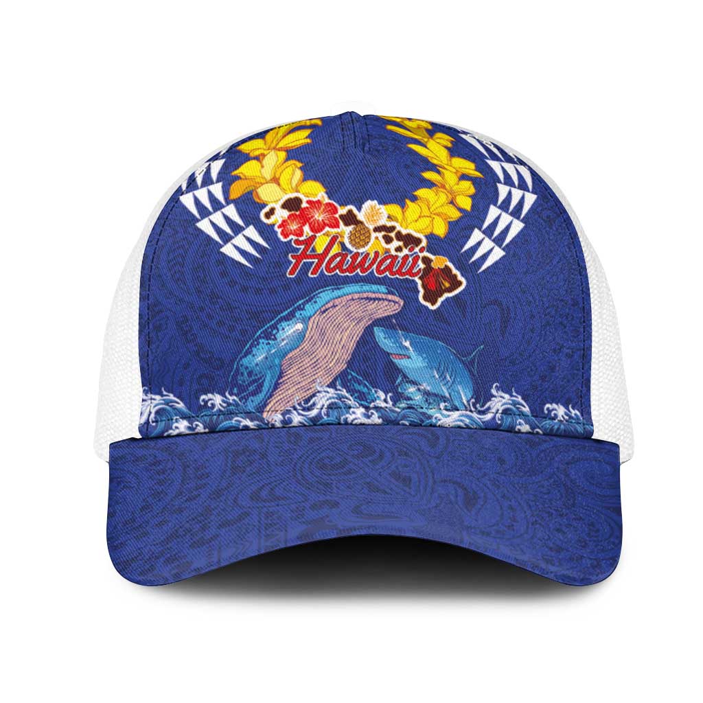 Hawaiian Sea Animals Mesh Trucker Cap Whales Shark and Turtle Guardians with Tribal Pattern LT03 One Size White Blue - Polynesian Pride