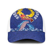 Hawaiian Sea Animals Mesh Trucker Cap Whales Shark and Turtle Guardians with Tribal Pattern LT03 One Size White Blue - Polynesian Pride