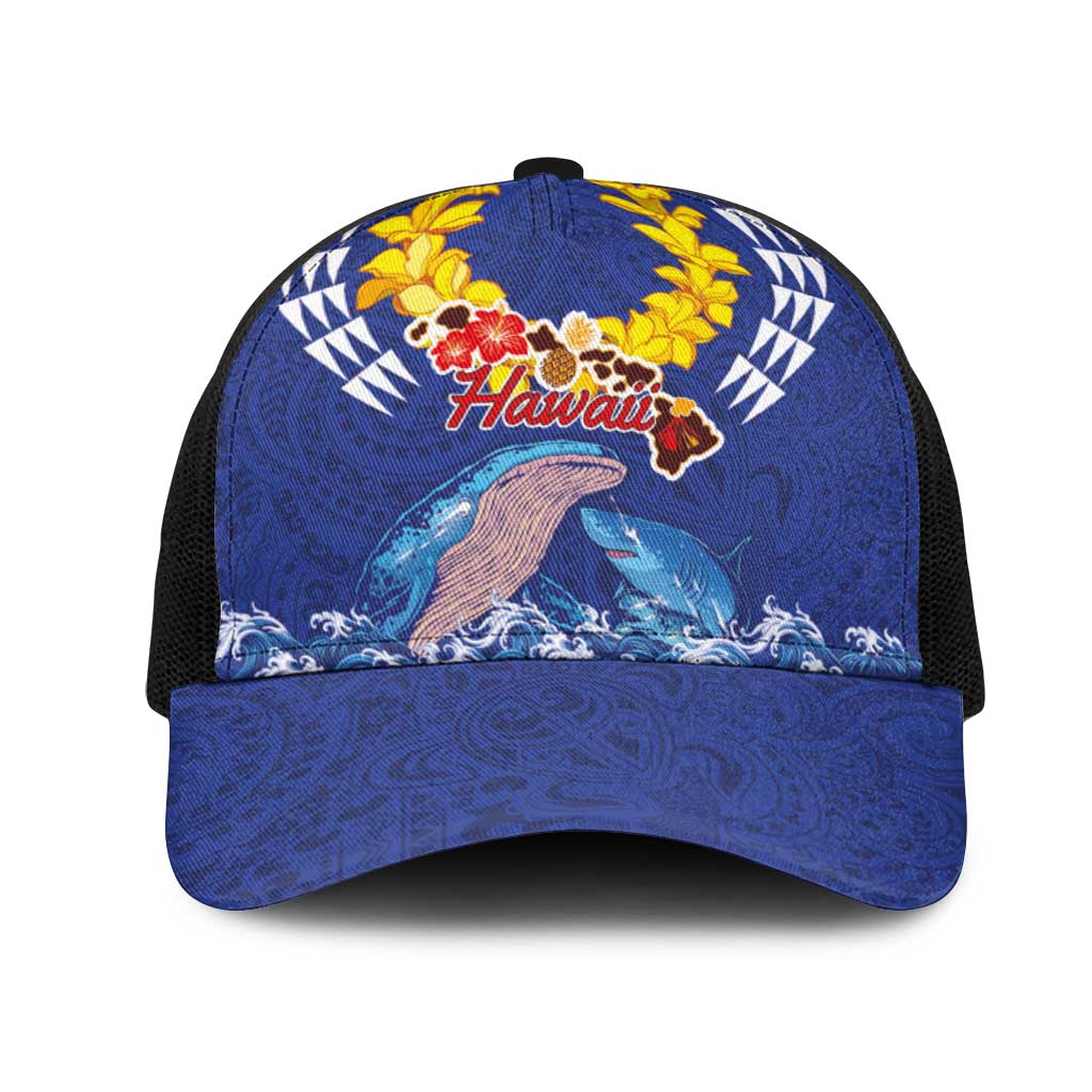 Hawaiian Sea Animals Mesh Trucker Cap Whales Shark and Turtle Guardians with Tribal Pattern LT03 One Size Black Blue - Polynesian Pride