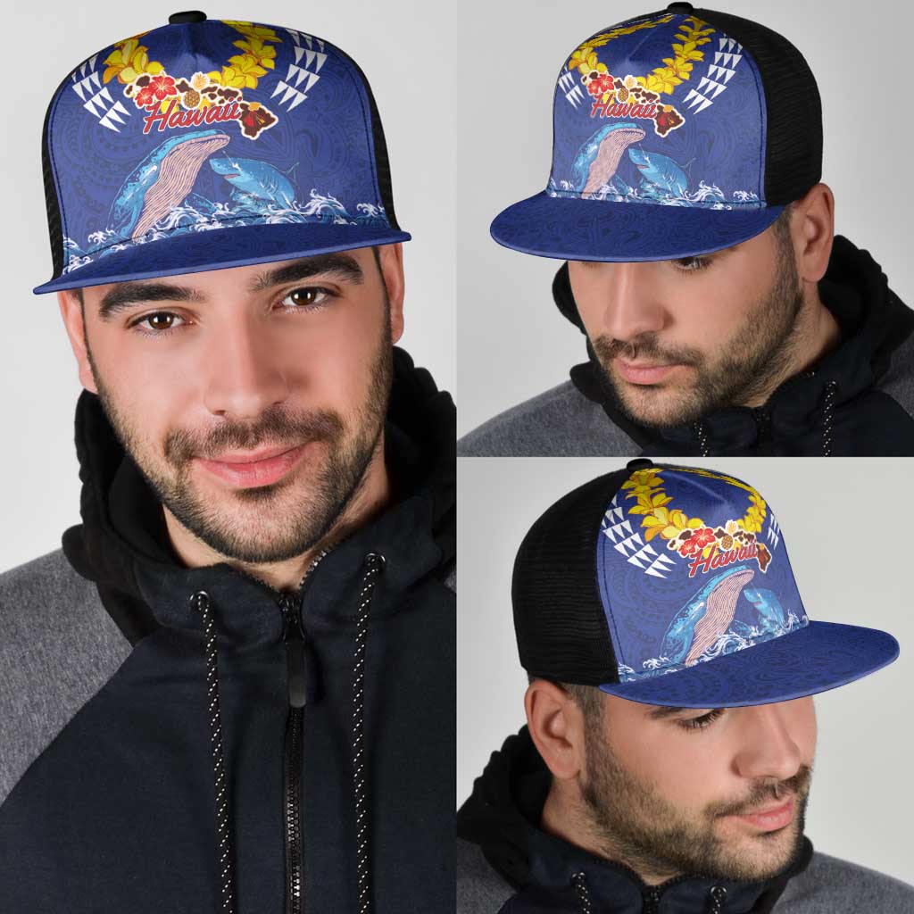Hawaiian Sea Animals Mesh Trucker Cap Whales Shark and Turtle Guardians with Tribal Pattern LT03 - Polynesian Pride