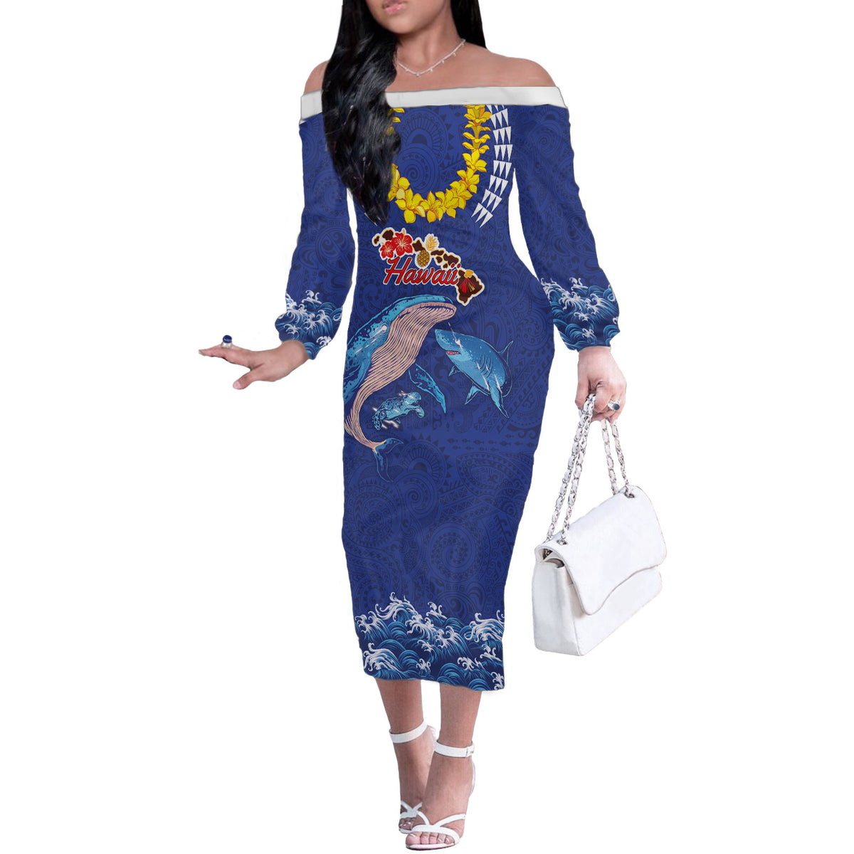 Hawaiian Sea Animals Off The Shoulder Long Sleeve Dress Whales Shark and Turtle Guardians with Tribal Pattern LT03 Women Blue - Polynesian Pride