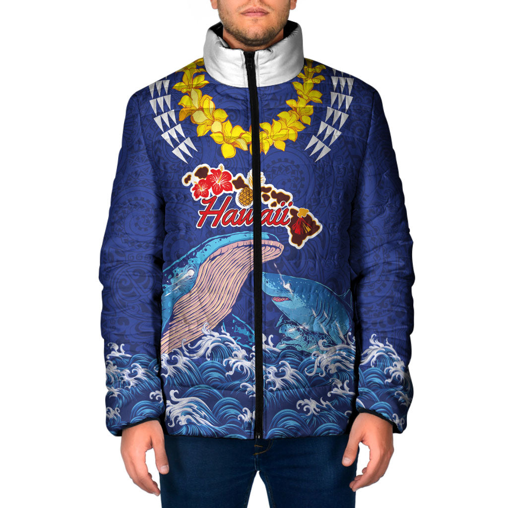 Hawaiian Sea Animals Padded Jacket Whales Shark and Turtle Guardians with Tribal Pattern