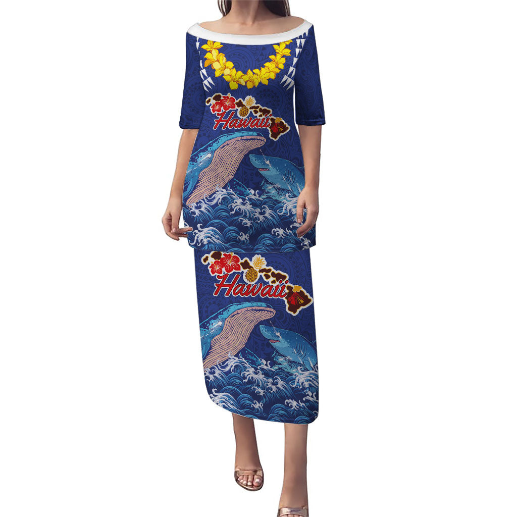 Hawaiian Sea Animals Puletasi Whales Shark and Turtle Guardians with Tribal Pattern