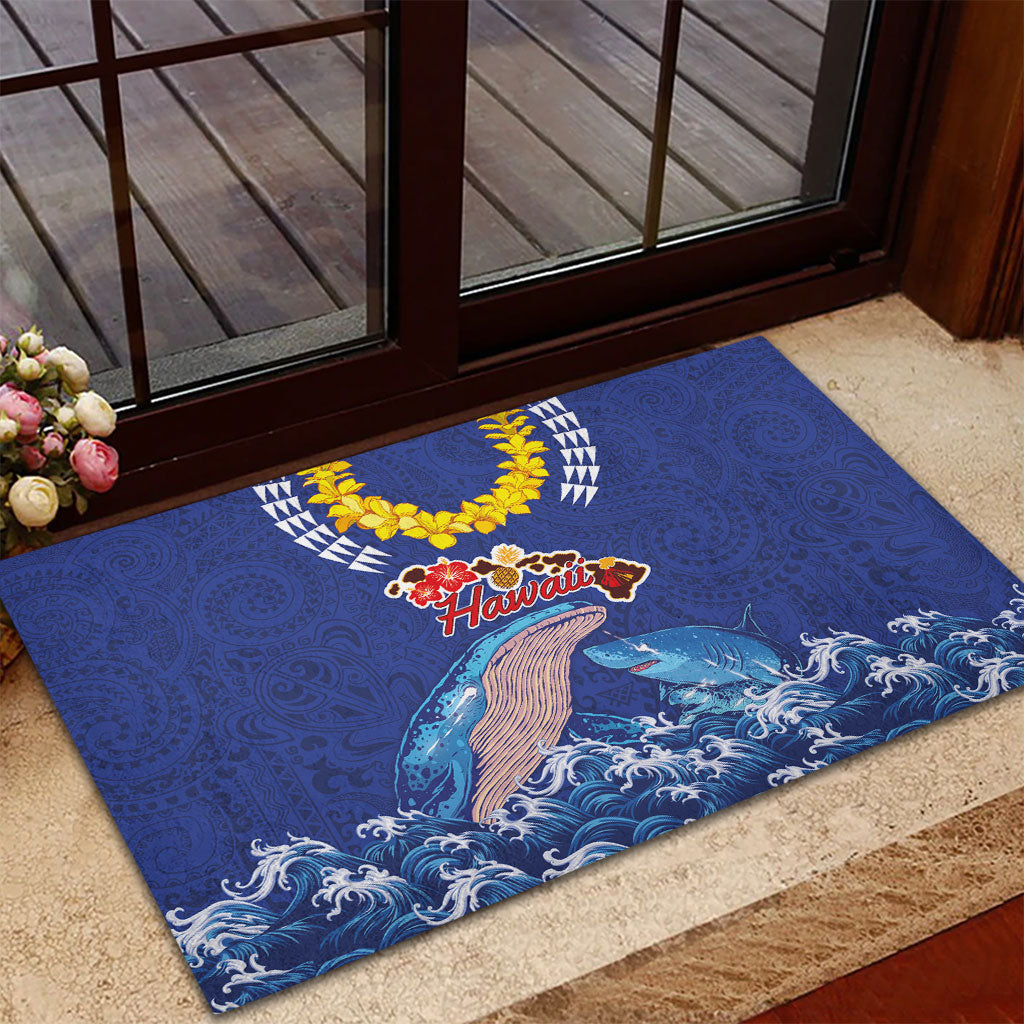 Hawaiian Sea Animals Rubber Doormat Whales Shark and Turtle Guardians with Tribal Pattern