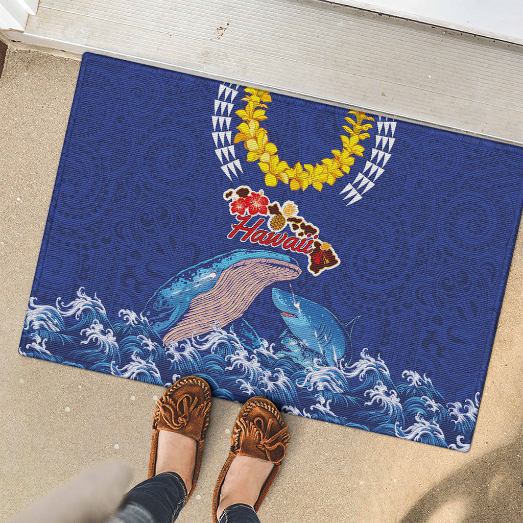 Hawaiian Sea Animals Rubber Doormat Whales Shark and Turtle Guardians with Tribal Pattern