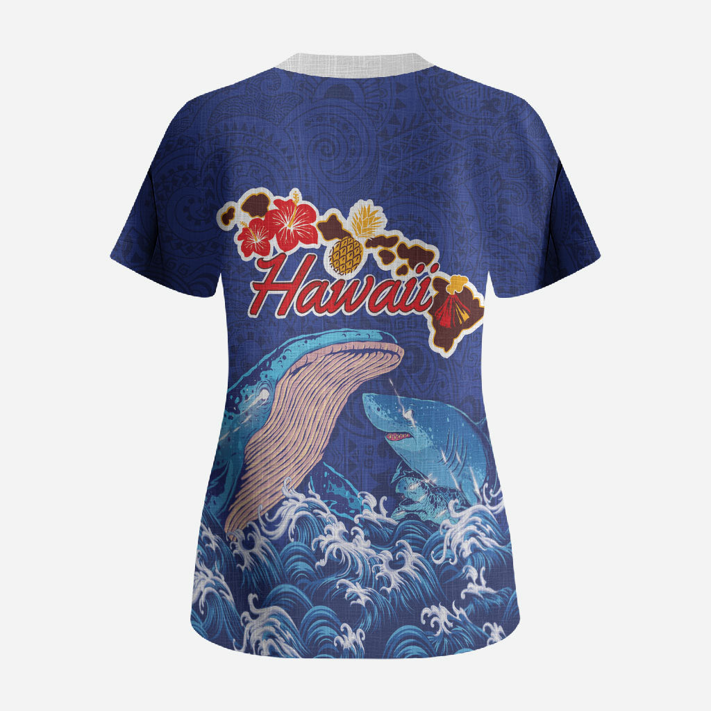 Hawaiian Sea Animals Scrub Top Whales Shark and Turtle Guardians with Tribal Pattern