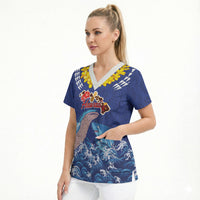 Hawaiian Sea Animals Scrub Top Whales Shark and Turtle Guardians with Tribal Pattern