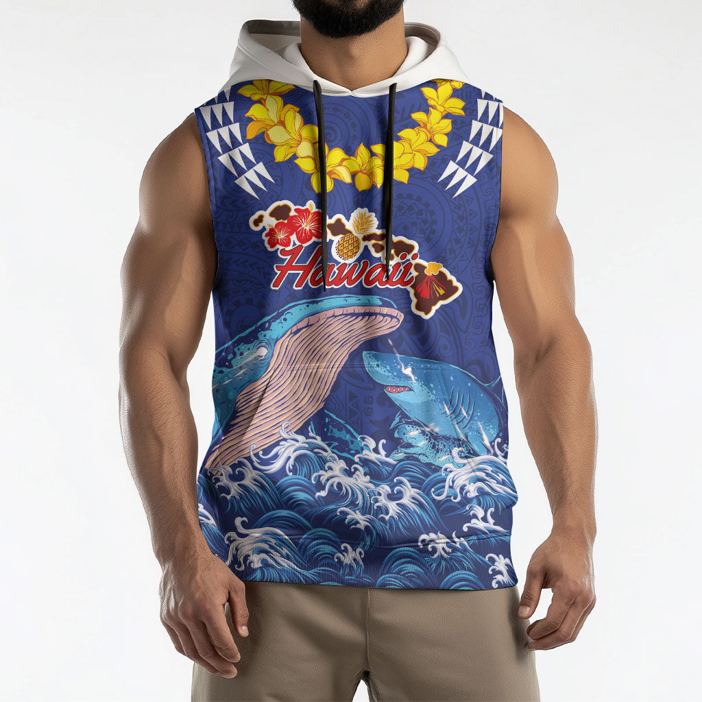 Hawaiian Sea Animals Sleeveless Hoodie Whales Shark and Turtle Guardians with Tribal Pattern
