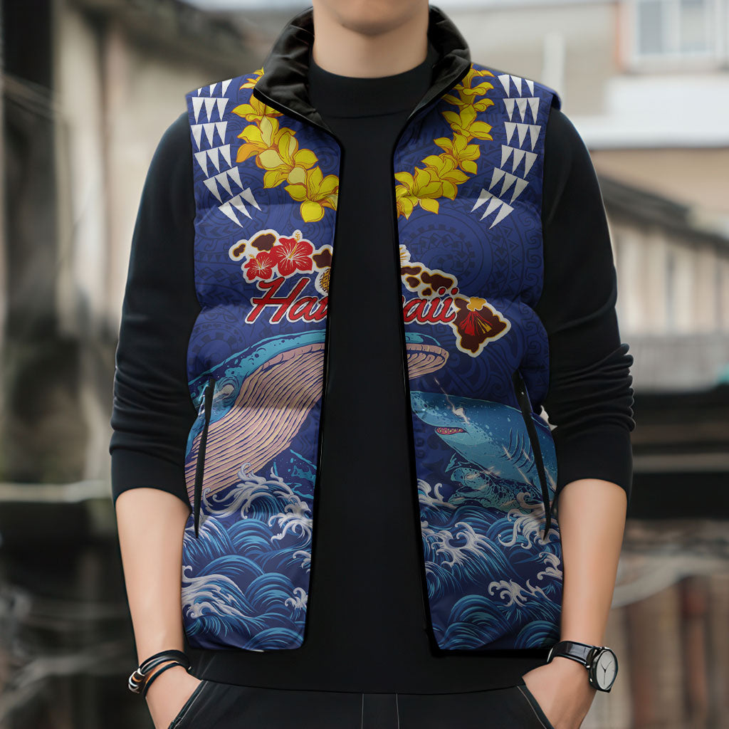 Hawaiian Sea Animals Sleeveless Puffer Jacket Whales Shark and Turtle Guardians with Tribal Pattern