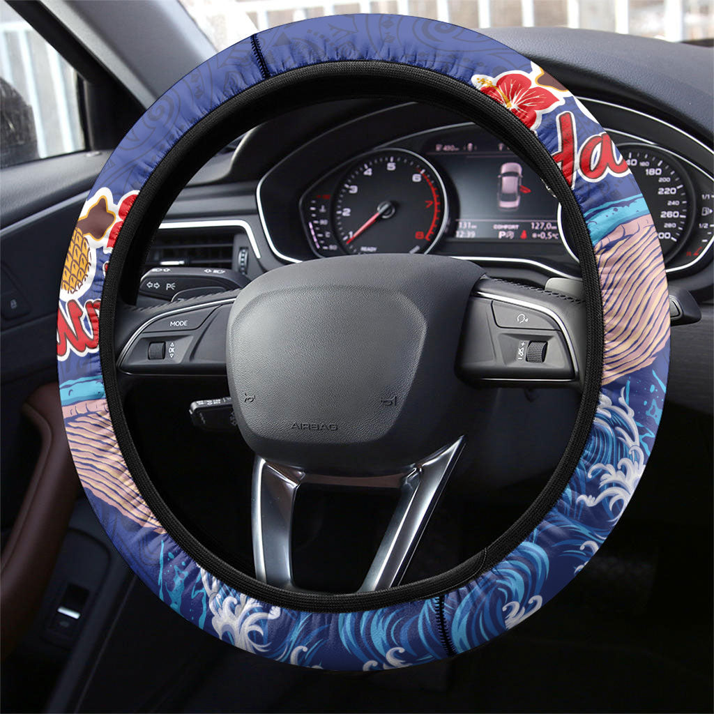 Hawaiian Sea Animals Steering Wheel Cover Whales Shark and Turtle Guardians with Tribal Pattern