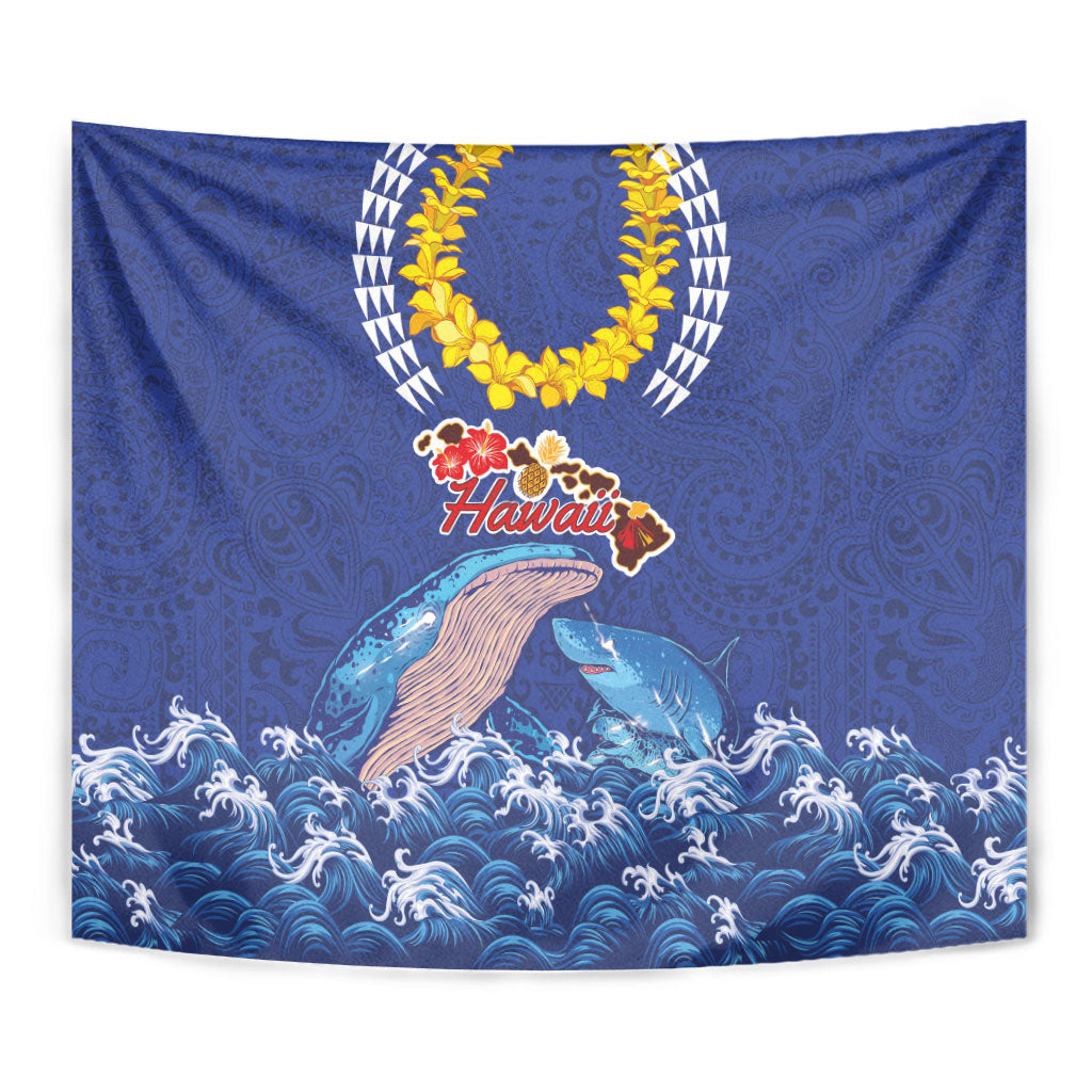 Hawaiian Sea Animals Tapestry Whales Shark and Turtle Guardians with Tribal Pattern