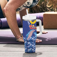 Hawaiian Sea Animals Tumbler With Handle Whales Shark and Turtle Guardians with Tribal Pattern