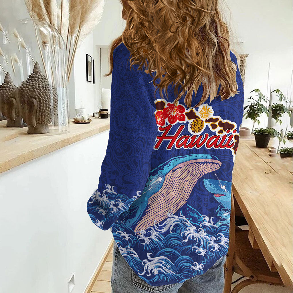 Hawaiian Sea Animals Women Casual Shirt Whales Shark and Turtle Guardians with Tribal Pattern LT03 - Polynesian Pride