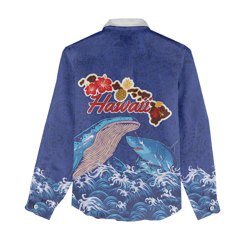 Hawaiian Sea Animals Women Casual Shirt Whales Shark and Turtle Guardians with Tribal Pattern LT03 - Polynesian Pride