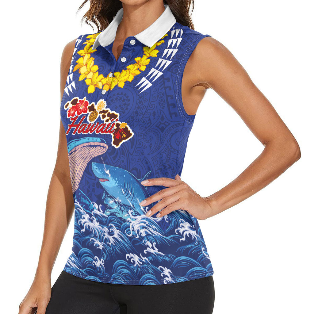 Hawaiian Sea Animals Women Sleeveless Polo Shirt Whales Shark and Turtle Guardians with Tribal Pattern LT03 - Polynesian Pride