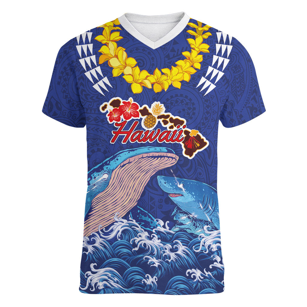 Hawaiian Sea Animals Women V-Neck T-Shirt Whales Shark and Turtle Guardians with Tribal Pattern LT03 Female Blue - Polynesian Pride