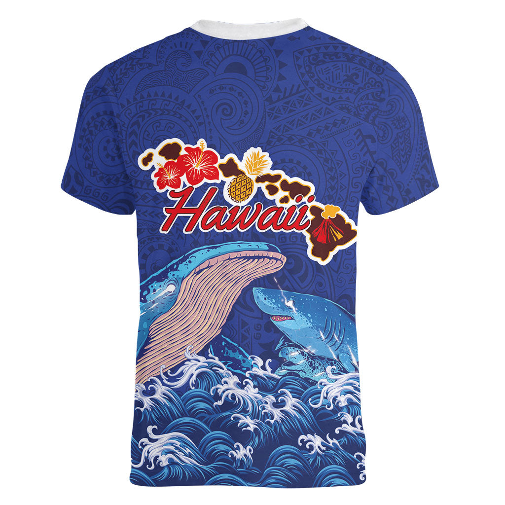 Hawaiian Sea Animals Women V-Neck T-Shirt Whales Shark and Turtle Guardians with Tribal Pattern LT03 - Polynesian Pride