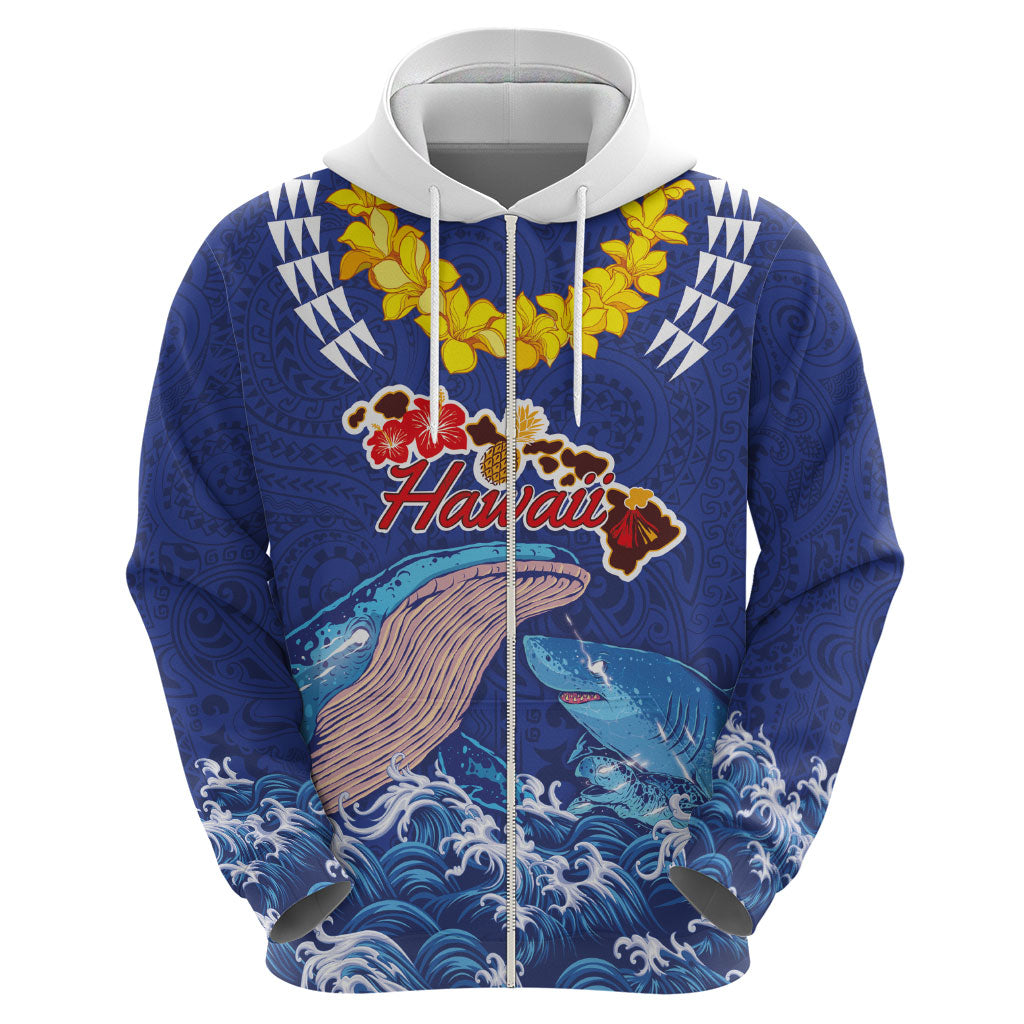Hawaiian Sea Animals Zip Hoodie Whales Shark and Turtle Guardians with Tribal Pattern