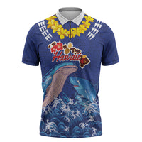 Hawaiian Sea Animals Zipper Polo Shirt Whales Shark and Turtle Guardians with Tribal Pattern