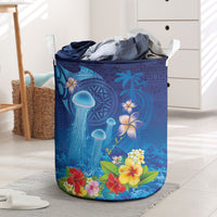 Fiji Jellyfish Laundry Basket Tapa Patterns and Hibiscus Sea Vibe