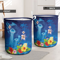 Fiji Jellyfish Laundry Basket Tapa Patterns and Hibiscus Sea Vibe