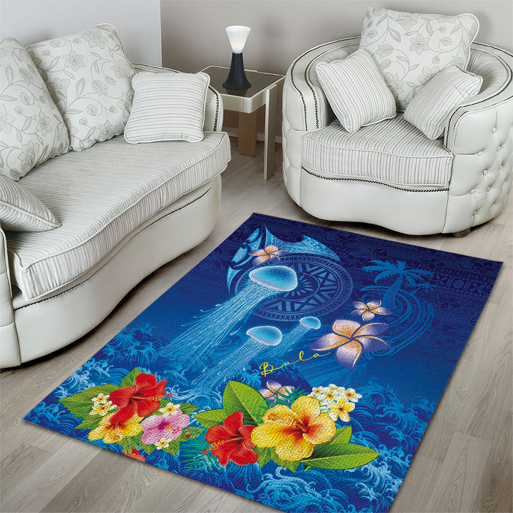 Fiji Jellyfish Area Rug Tapa Patterns and Hibiscus Sea Vibe