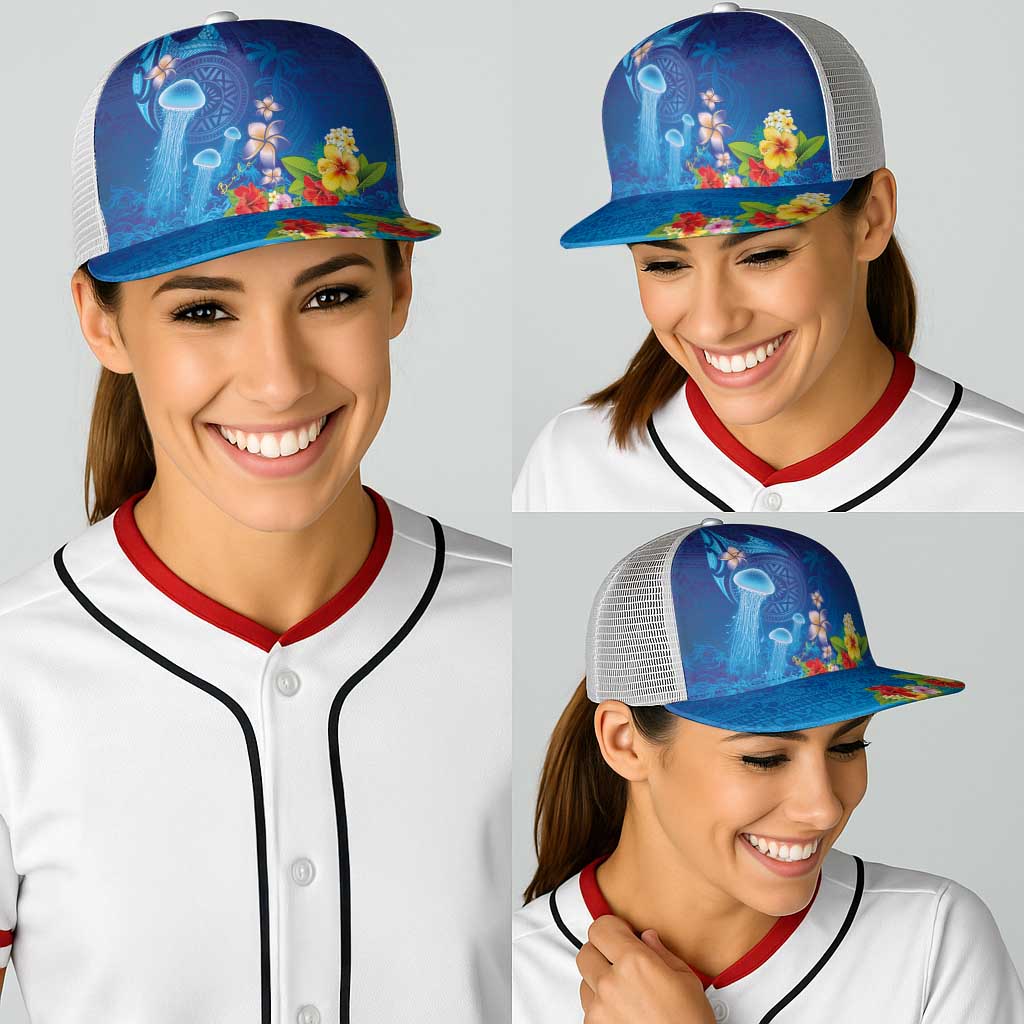 Fiji Jellyfish Baseball Net Cap Tapa Patterns and Hibiscus Sea Vibe