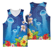 Fiji Jellyfish Basketball Jersey Tapa Patterns and Hibiscus Sea Vibe