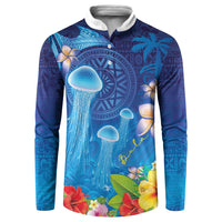 Fiji Jellyfish Button Sweatshirt Tapa Patterns and Hibiscus Sea Vibe