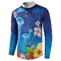 Fiji Jellyfish Button Sweatshirt Tapa Patterns and Hibiscus Sea Vibe