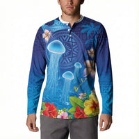 Fiji Jellyfish Button Sweatshirt Tapa Patterns and Hibiscus Sea Vibe