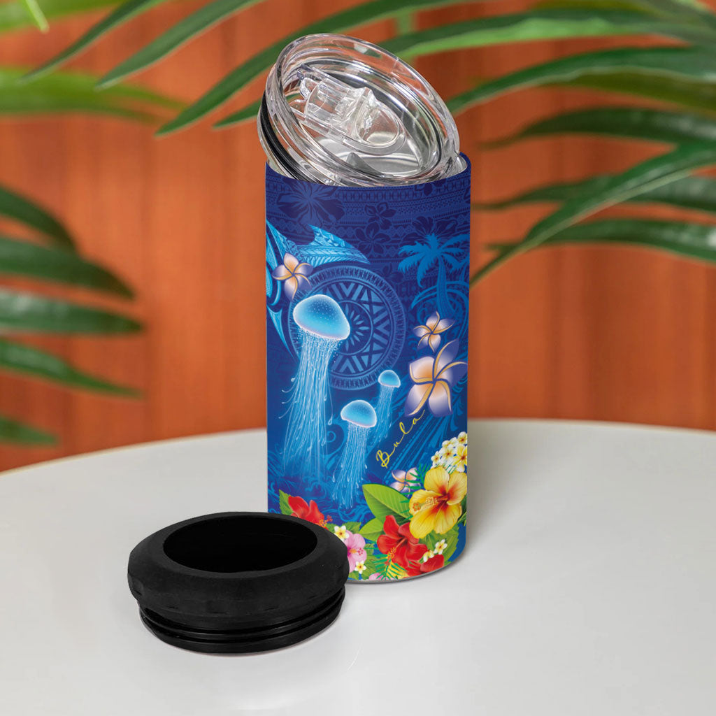Fiji Jellyfish 4 in 1 Can Cooler Tumbler Tapa Patterns and Hibiscus Sea Vibe