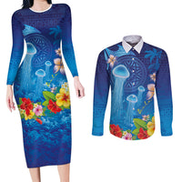 Fiji Jellyfish Couples Matching Long Sleeve Bodycon Dress and Long Sleeve Button Shirt Tapa Patterns and Hibiscus Sea Vibe LT03 Blue - Polynesian Pride