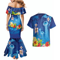Fiji Jellyfish Couples Matching Mermaid Dress and Hawaiian Shirt Tapa Patterns and Hibiscus Sea Vibe LT03 - Polynesian Pride