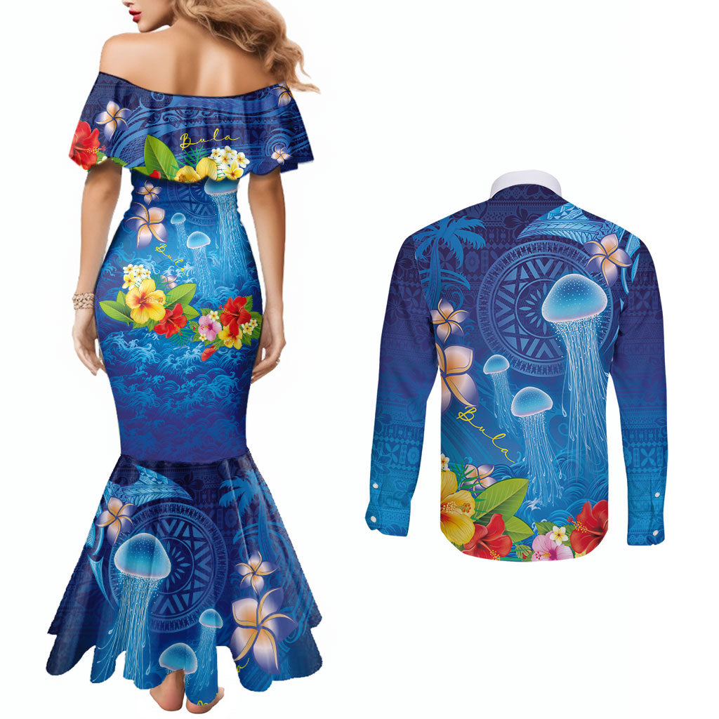 Fiji Jellyfish Couples Matching Mermaid Dress and Long Sleeve Button Shirt Tapa Patterns and Hibiscus Sea Vibe LT03 - Polynesian Pride