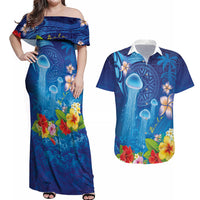 Fiji Jellyfish Couples Matching Off Shoulder Maxi Dress and Hawaiian Shirt Tapa Patterns and Hibiscus Sea Vibe LT03 Blue - Polynesian Pride