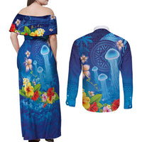Fiji Jellyfish Couples Matching Off Shoulder Maxi Dress and Long Sleeve Button Shirt Tapa Patterns and Hibiscus Sea Vibe
