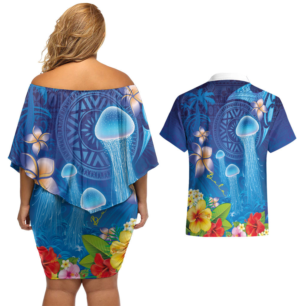 Fiji Jellyfish Couples Matching Off Shoulder Short Dress and Hawaiian Shirt Tapa Patterns and Hibiscus Sea Vibe LT03 - Polynesian Pride