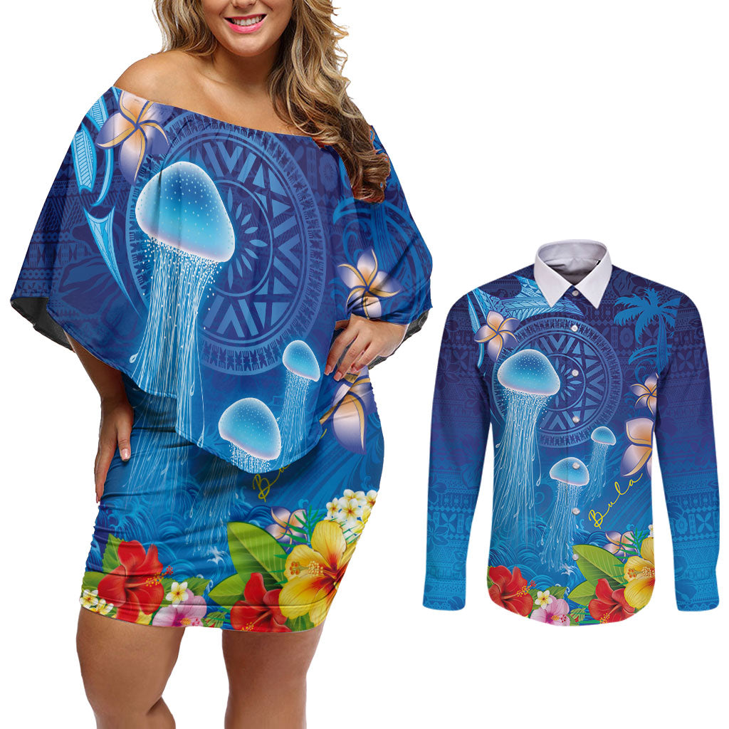 Fiji Jellyfish Couples Matching Off Shoulder Short Dress and Long Sleeve Button Shirt Tapa Patterns and Hibiscus Sea Vibe LT03 Blue - Polynesian Pride