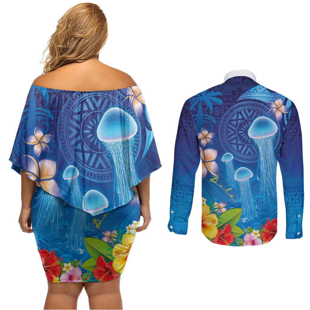 Fiji Jellyfish Couples Matching Off Shoulder Short Dress and Long Sleeve Button Shirt Tapa Patterns and Hibiscus Sea Vibe LT03 - Polynesian Pride