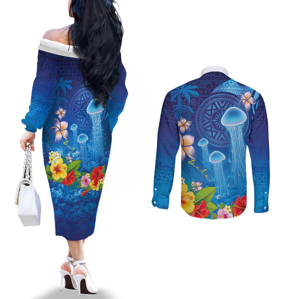 Fiji Jellyfish Couples Matching Off The Shoulder Long Sleeve Dress and Long Sleeve Button Shirt Tapa Patterns and Hibiscus Sea Vibe LT03 - Polynesian Pride